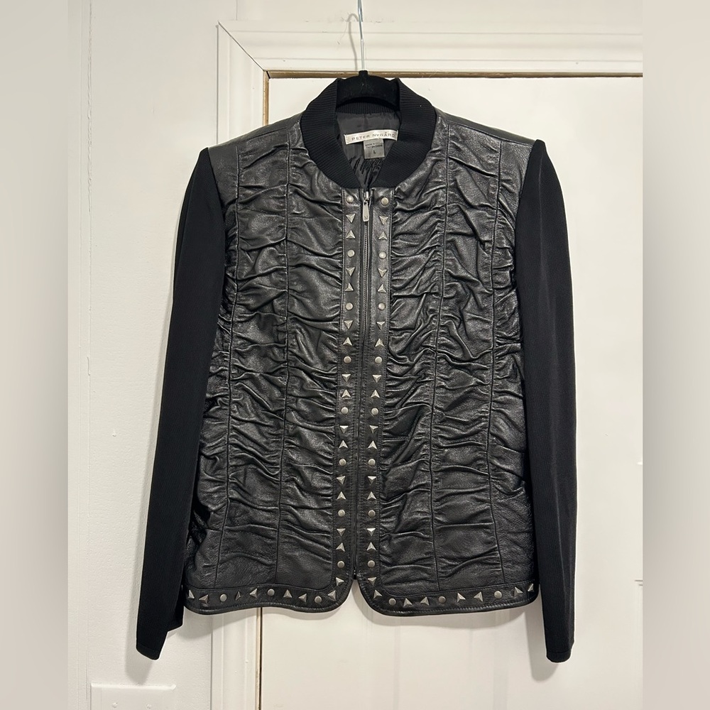 Peter Nygard Black Ruffled Studded Leather  & Knit Jacket Size Large